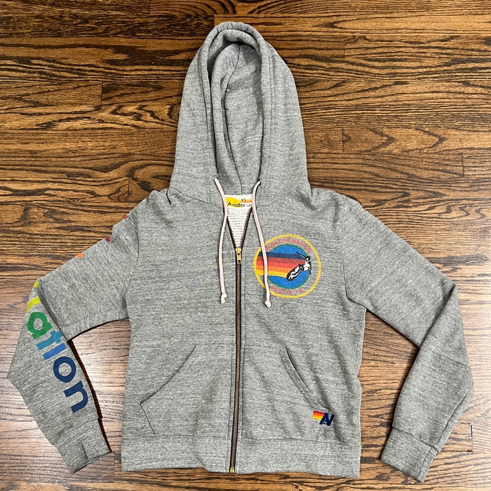 Aviator Nation Gray Rainbow Austin Hoodie Sweatshirt XS